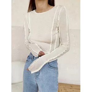 Pleated Solid Color Long Sleeves Skinny Round-Neck T-Shirts