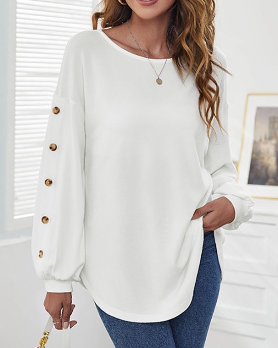 Simple Loose Long Sleeves Solid Color Round-Neck T-Shirts Tops