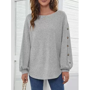 Simple Loose Long Sleeves Solid Color Round-Neck T-Shirts Tops