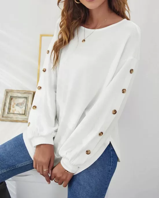 Simple Loose Long Sleeves Solid Color Round-Neck T-Shirts Tops