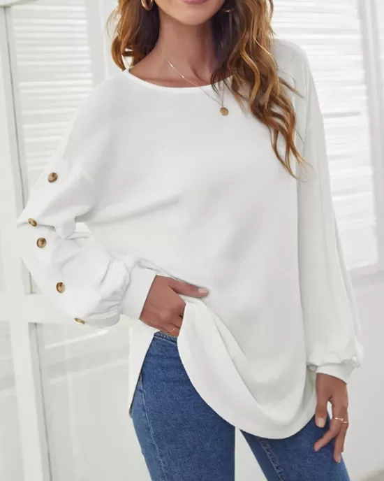 Simple Loose Long Sleeves Solid Color Round-Neck T-Shirts Tops