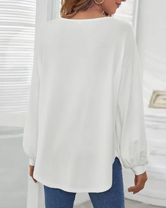 Simple Loose Long Sleeves Solid Color Round-Neck T-Shirts Tops