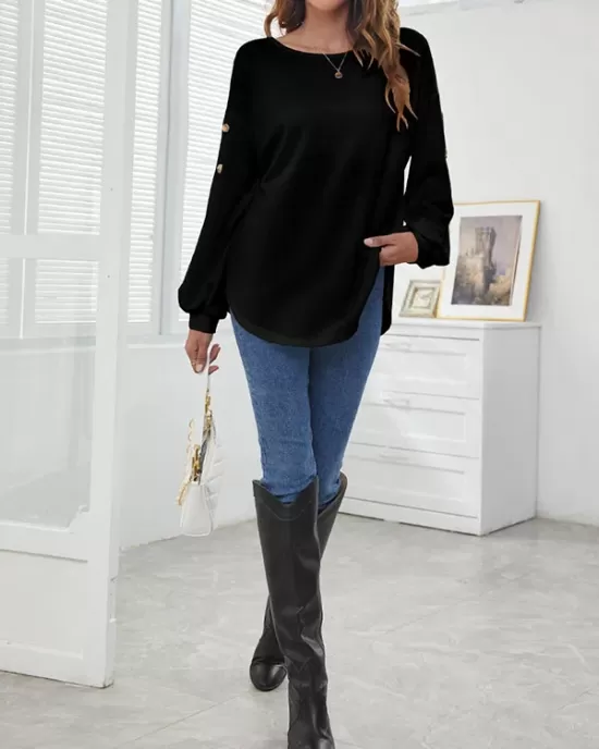 Simple Loose Long Sleeves Solid Color Round-Neck T-Shirts Tops