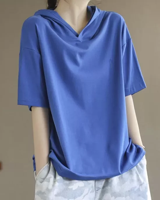 Hooded Solid Color Short Sleeves Hooded T-Shirts Tops