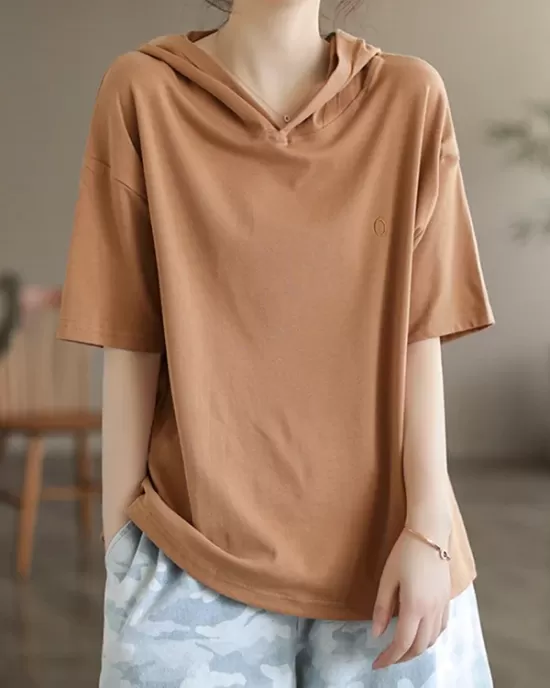 Hooded Solid Color Short Sleeves Hooded T-Shirts Tops