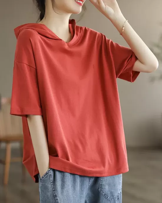 Hooded Solid Color Short Sleeves Hooded T-Shirts Tops