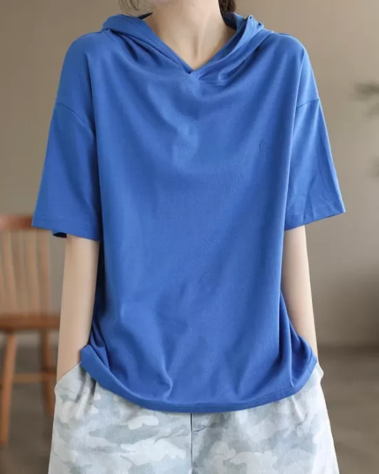 Hooded Solid Color Short Sleeves Hooded T-Shirts Tops