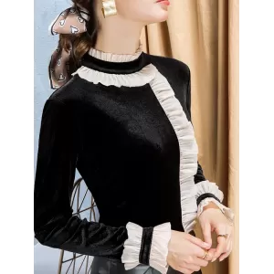 Ruffled Split-Joint Velvet Long Sleeves Skinny Mock Neck T-Shirts Tops