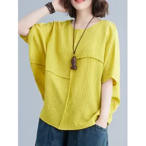 Solid Color Split-Joint Batwing Sleeves Loose Round-neck T-Shirts Tops