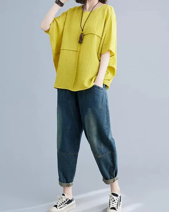 Solid Color Split-Joint Batwing Sleeves Loose Round-neck T-Shirts Tops