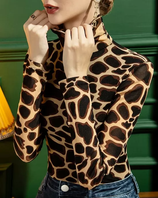 Leopard Long Sleeves Skinny High-neck T-Shirts Tops