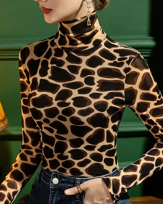 Leopard Long Sleeves Skinny High-neck T-Shirts Tops