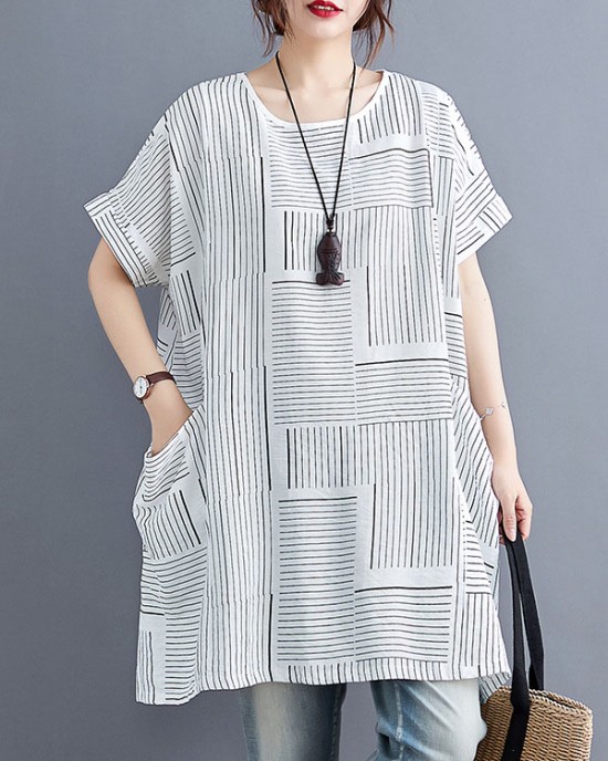 Striped Loose Short Sleeves Round-Neck T-Shirts