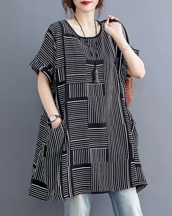 Striped Loose Short Sleeves Round-Neck T-Shirts