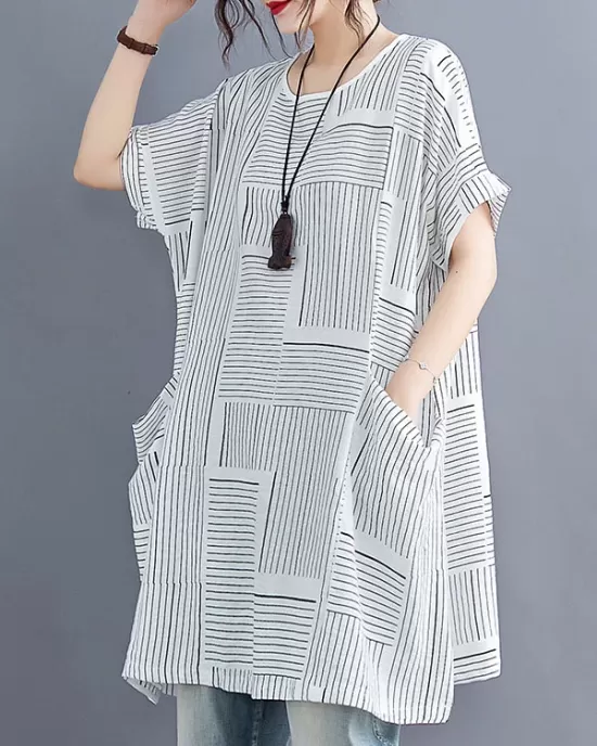 Striped Loose Short Sleeves Round-Neck T-Shirts