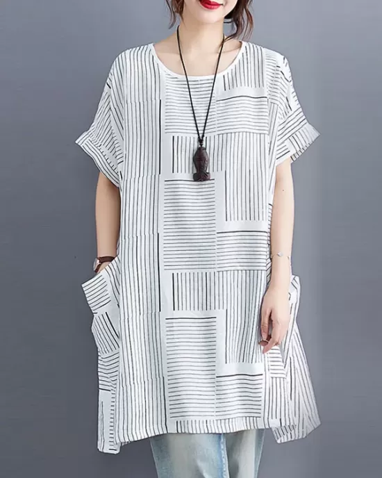 Striped Loose Short Sleeves Round-Neck T-Shirts