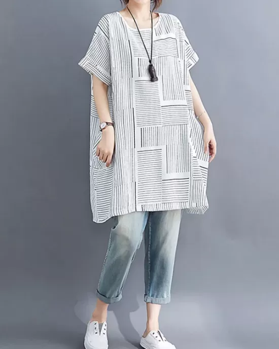 Striped Loose Short Sleeves Round-Neck T-Shirts