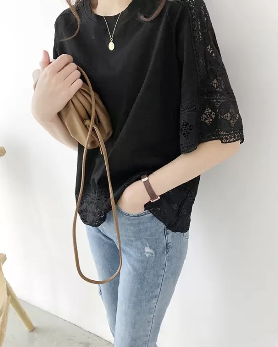 Hollow Solid Color Split-Joint Half Sleeves Loose Round-Neck T-Shirts