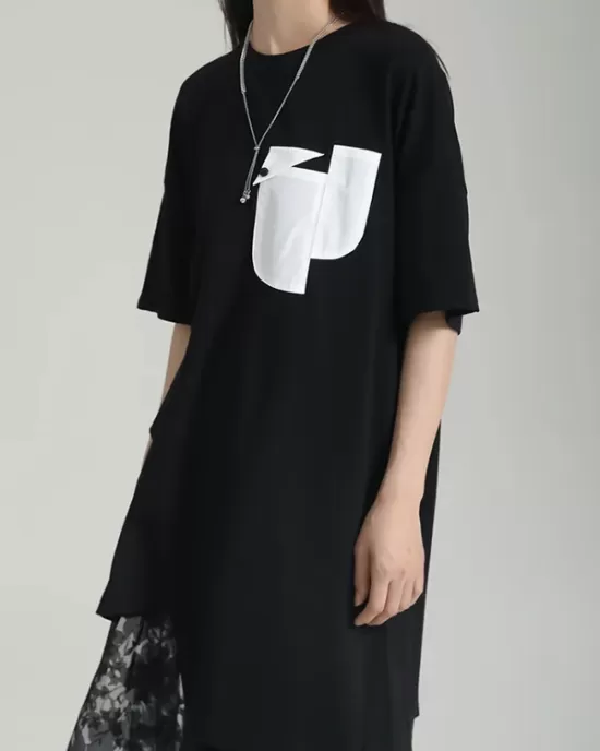 Asymmetric Contrast Color Split-Joint Loose Short Sleeves Round-neck T-shirts