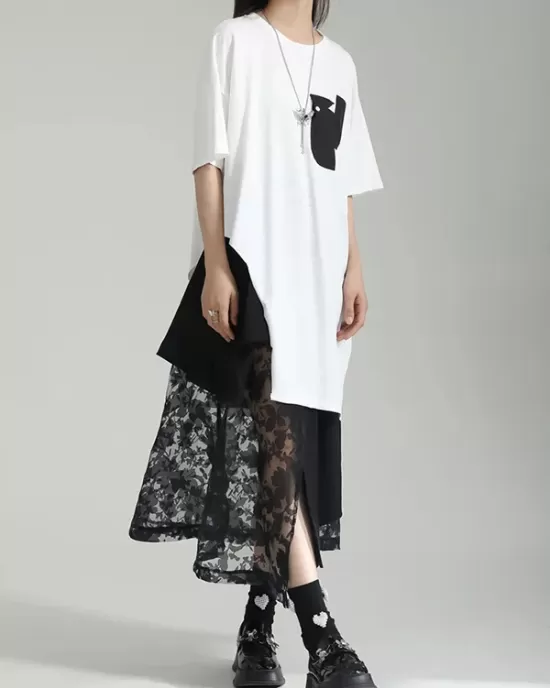 Asymmetric Contrast Color Split-Joint Loose Short Sleeves Round-neck T-shirts