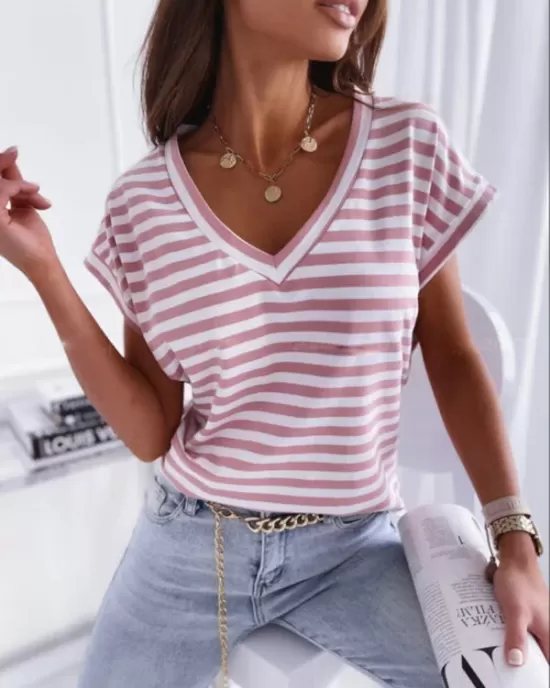 Casual Loose Striped V-Neck T-Shirts Tops