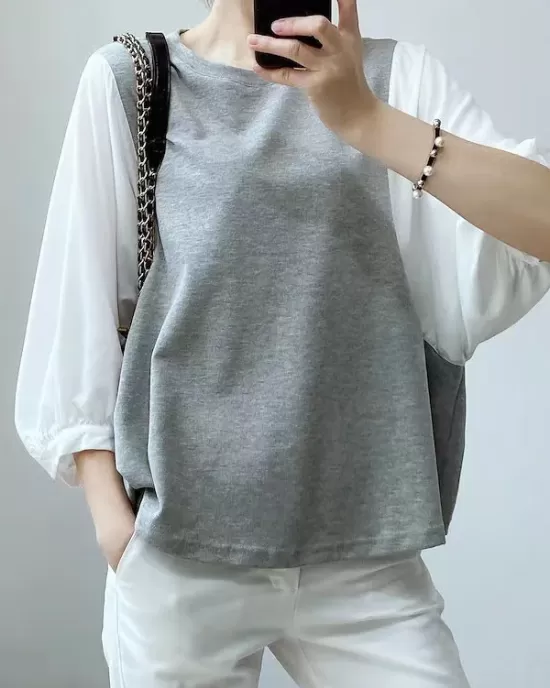 Split-Joint Half Sleeves Loose Round-Neck T-Shirts