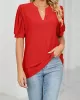 Hollow Solid Color Bishop Sleeve Loose V-neck T-Shirts Tops