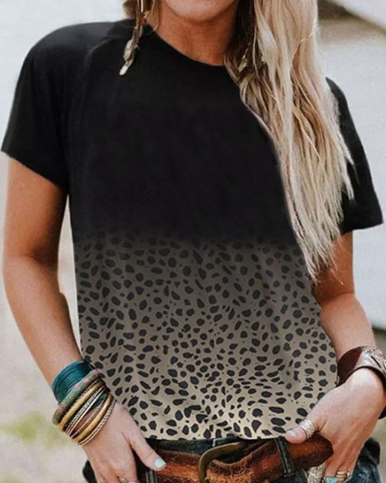 Gradient Leopard Printed Loose Short Sleeves Round-Neck T-Shirts