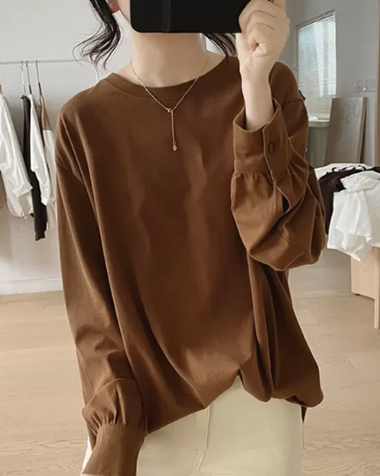 Solid Color Long Sleeves Loose Round-neck T-Shirts Tops