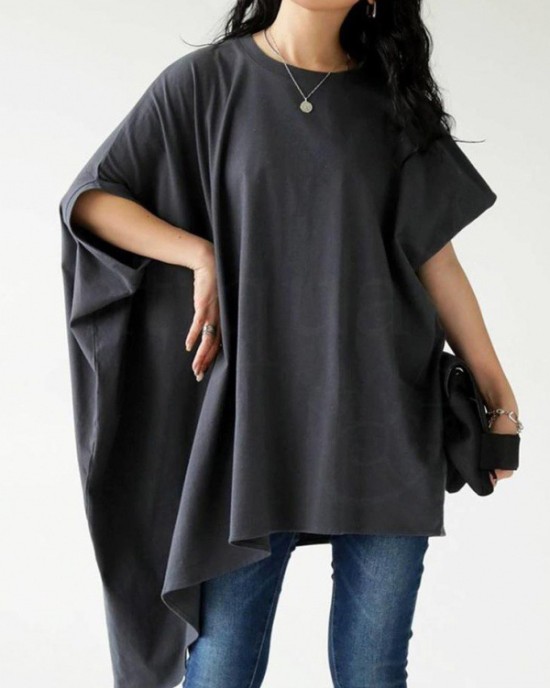 Solid Color Batwing Sleeves Half Sleeves Round-Neck T-Shirts Tops