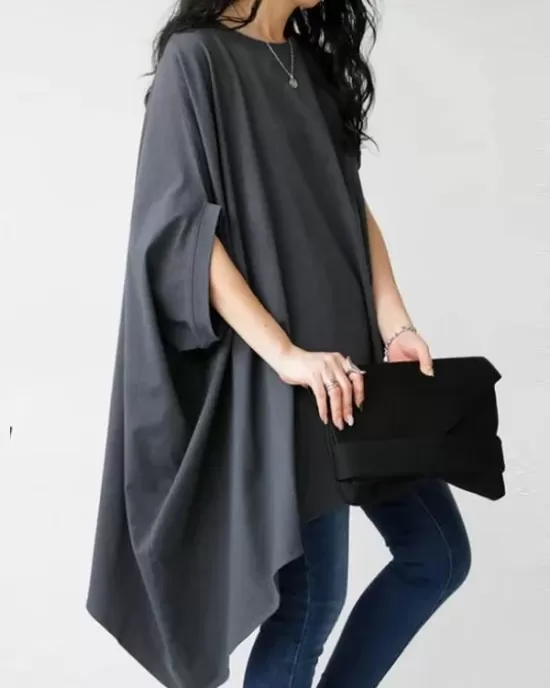 Solid Color Batwing Sleeves Half Sleeves Round-Neck T-Shirts Tops