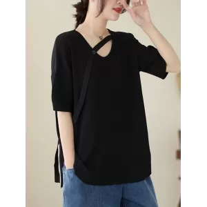 Solid Color Loose Short Sleeves V-neck T-shirts