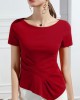 Pleated Solid Color Irregular clipping Short Sleeves Round-neck T-Shirts Tops