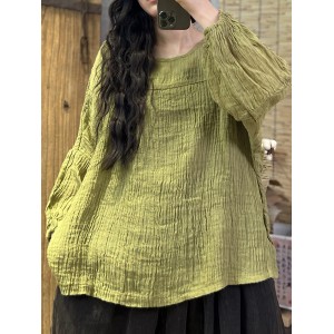 Pleated Solid Color Long Sleeves Loose Round-Neck T-Shirts