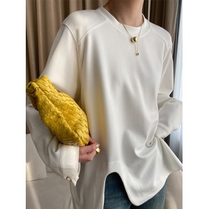 Cropped Loose Split-Side Solid Color Round-Neck T-Shirts Tops