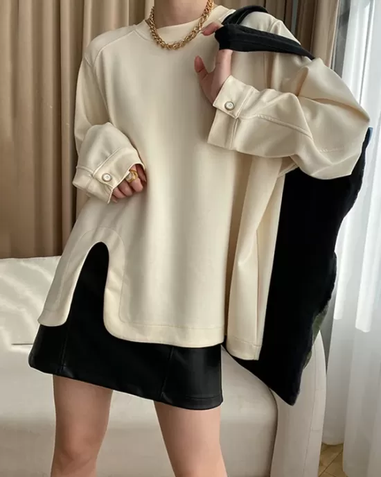 Cropped Loose Split-Side Solid Color Round-Neck T-Shirts Tops