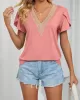 Applique Loose Short Sleeves V-Neck T-Shirts Tops