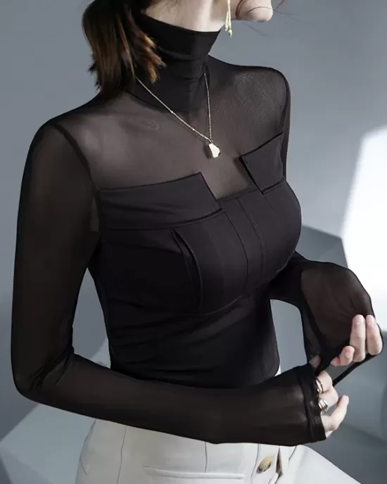 Gauze See-Through Split-Joint Long Sleeves Skinny High-Neck T-Shirts Tops