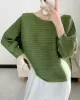 Casual Loose Three-Quarter Sleeves Pleated Solid Color Round-Neck T-Shirts Tops