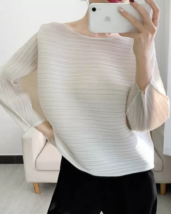 Casual Loose Three-Quarter Sleeves Pleated Solid Color Round-Neck T-Shirts Tops