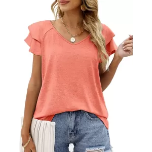 Falbala Solid Color Split-Joint Loose Short Sleeves V-Neck T-Shirts