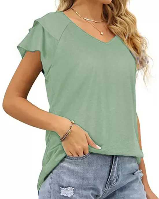 Falbala Solid Color Split-Joint Loose Short Sleeves V-Neck T-Shirts