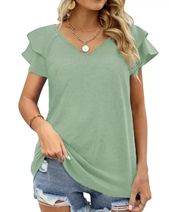 Falbala Solid Color Split-Joint Loose Short Sleeves V-Neck T-Shirts