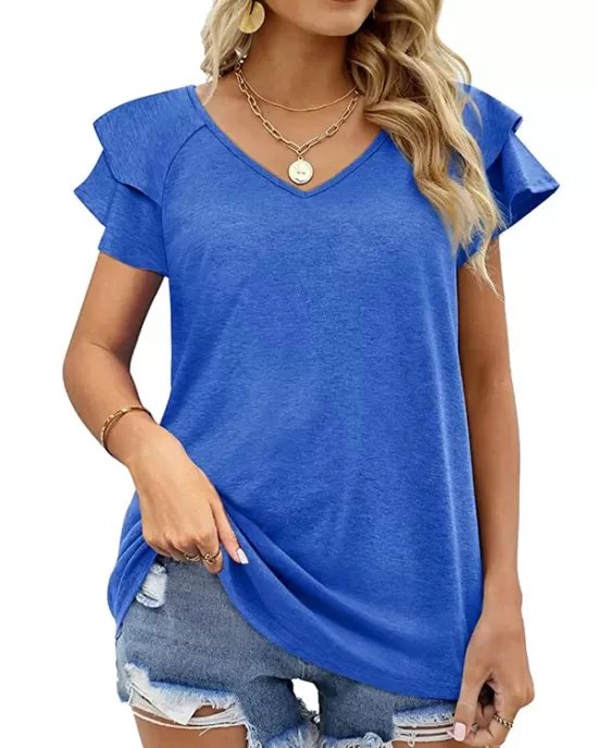 Falbala Solid Color Split-Joint Loose Short Sleeves V-Neck T-Shirts