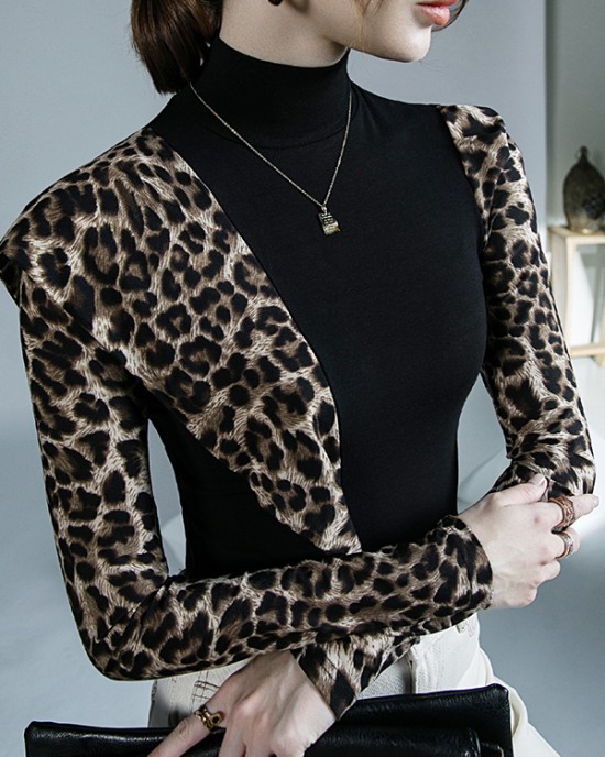 Leopard Split-Joint Long Sleeves Skinny High-Neck T-Shirts Tops