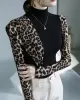 Leopard Split-Joint Long Sleeves Skinny High-Neck T-Shirts Tops