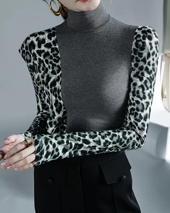 Leopard Split-Joint Long Sleeves Skinny High-Neck T-Shirts Tops