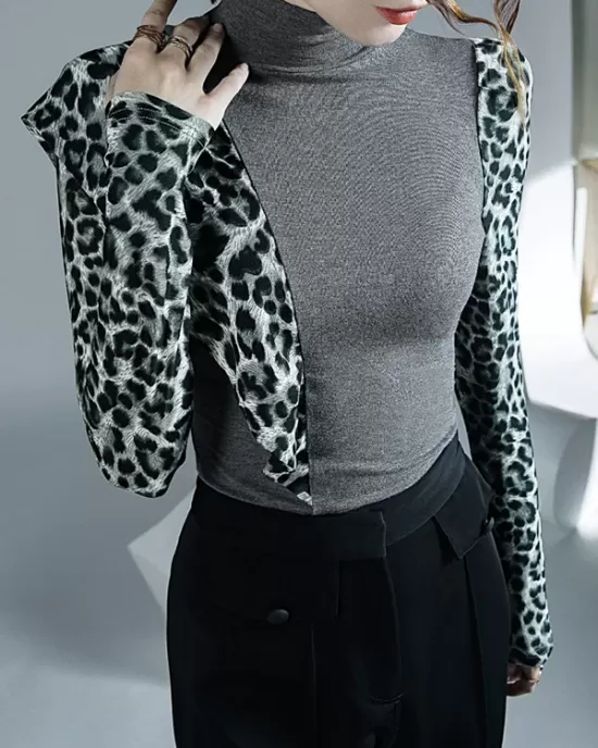 Leopard Split-Joint Long Sleeves Skinny High-Neck T-Shirts Tops