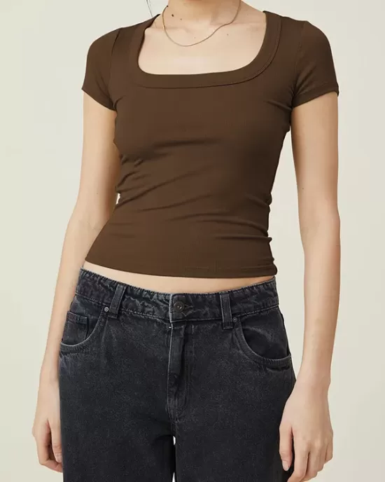 Solid Color Short Sleeves Skinny Square-neck T-Shirts Tops