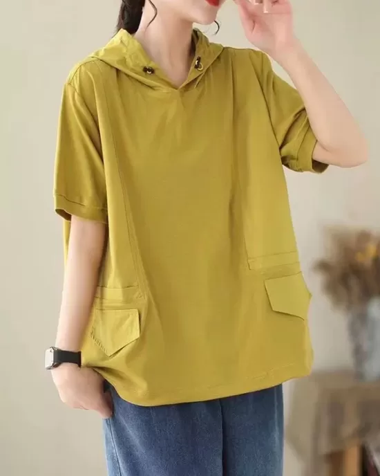 Drawstring Solid Color Split-Joint Hooded Loose Hooded T-Shirts Tops